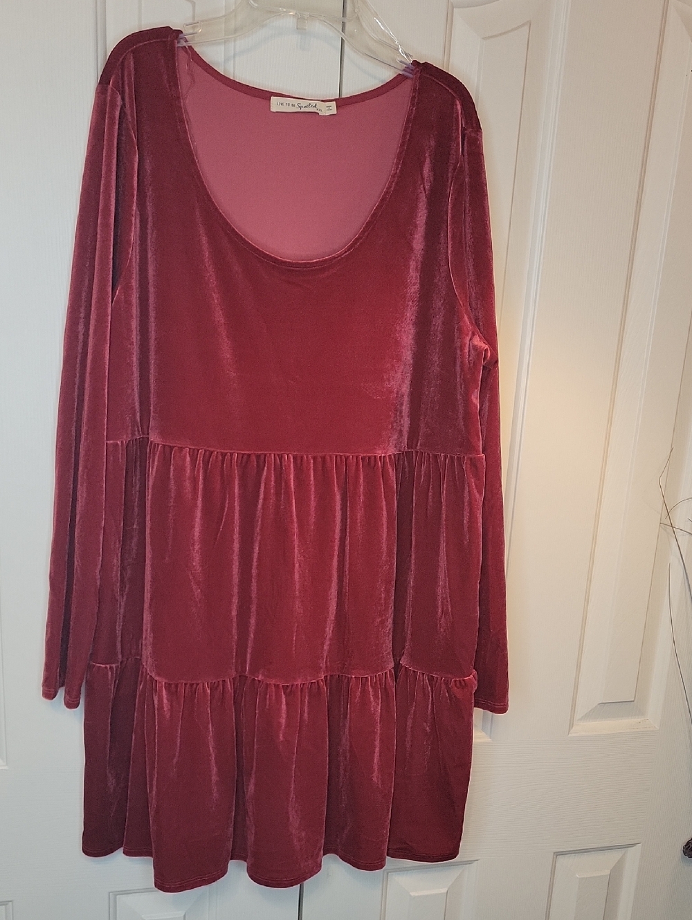 Velvet Tiered Long-Sleeve Dress - Wine Pink